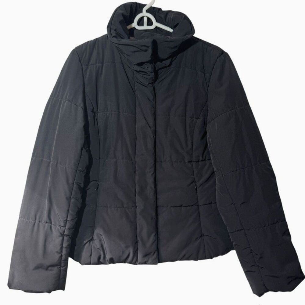 BANANA REPUBLIC Women's MEDIUM Puffer Jacket Coat Black Full Zipper Snap Winter